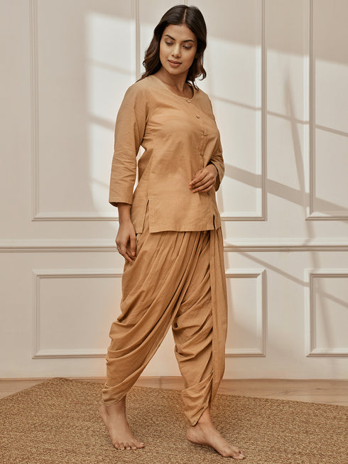 Women's Beige Cambric Cotton Shirt Style Kurta With Matching Dhoti Pants Yoga Set